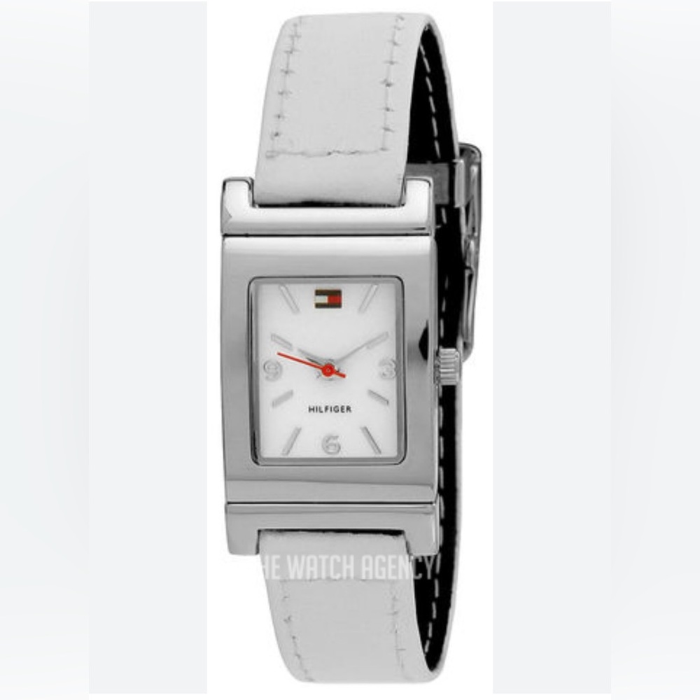 Tommy Hilfiger Silver and White Rectangular Watch